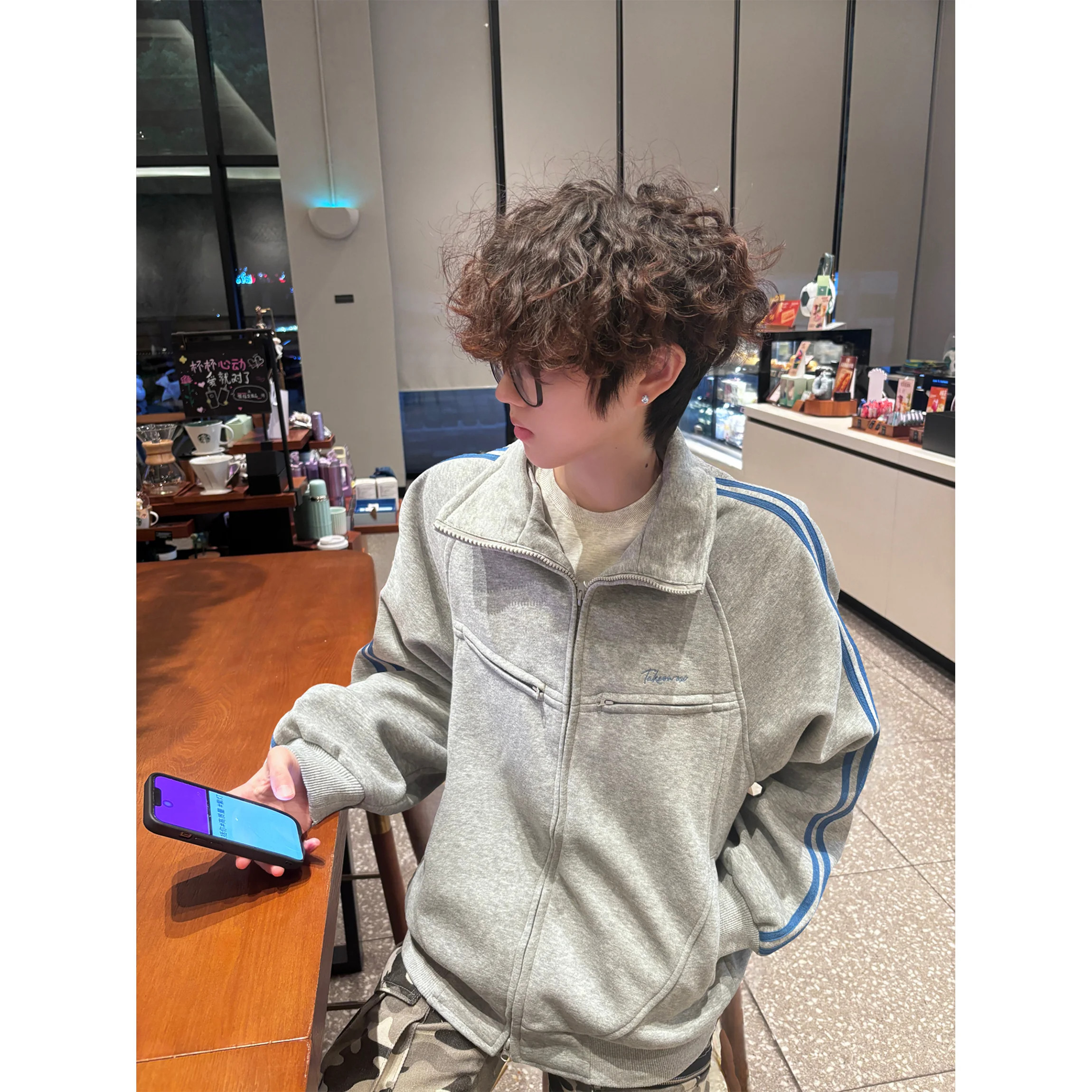 美式高街灰色口袋拉链刺绣开衫卫衣男装秋冬宽松情侣潮牌秋季外套