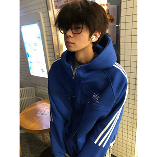 国潮牌蓝色字母刺绣拉链口袋连帽卫衣男装秋季宽松青少年潮牌外套