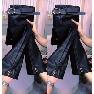 洋气潮 2025高腰直筒九分PU筒裤 新款 秋冬水洗pu烟管皮裤