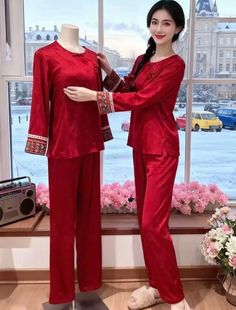 红色国风睡衣女长袖2026春秋夏季薄款冰丝绸缎家居服两件套潮108