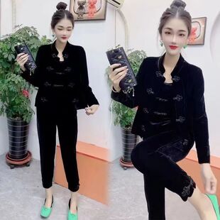 大码民族风盘扣丝绒套装国风两件套2025春秋季新款气质显瘦女尼