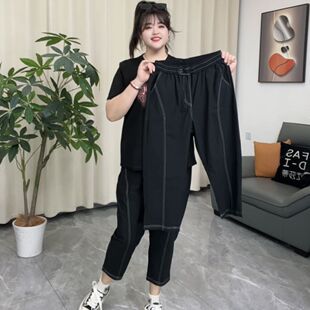 高弹冰丝明线速干显瘦休闲裤 夏季 薄款 大码 萝卜弹力高腰胖mm多 新款