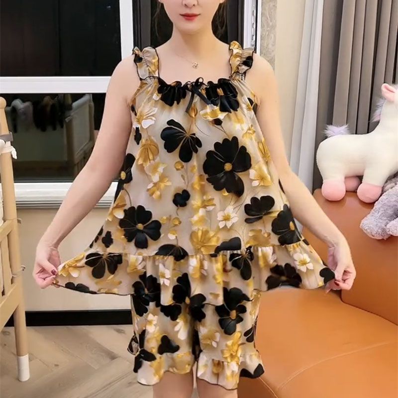 洋气大码冰丝网眼透气料休闲甜美睡衣套装夏季新款家居服两件套潮