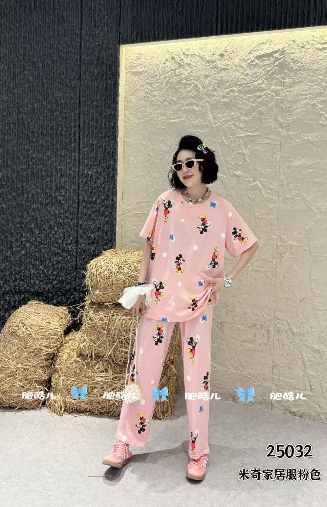 2025春夏秋季新款纯棉走点米奇圆领休闲宽松舒适睡衣家居服套装