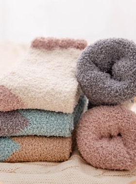 J010珊瑚绒冬天睡觉袜子女中筒毛巾月子袜冬款加绒加厚保暖睡眠袜