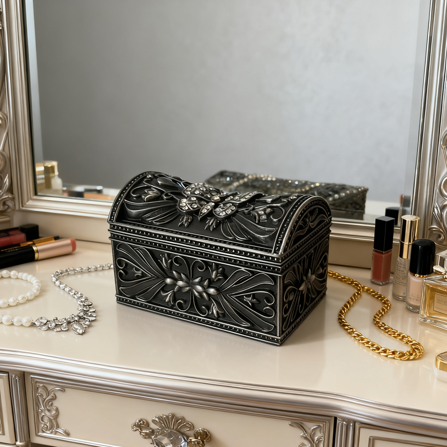 欧式镀锡蝴碟镶钻方形首饰盒饰品收纳盒珠宝盒项链盒样板房摆件