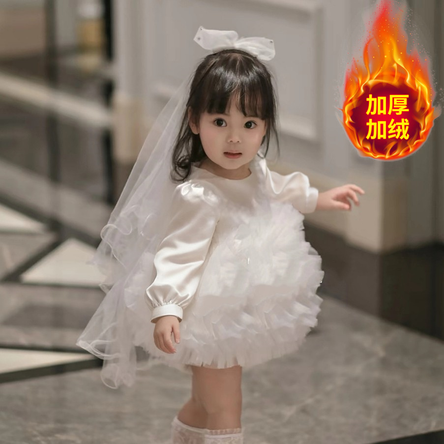 白色女童周岁生日抓周服小花童婚纱礼服女公主裙秋冬礼服蓬蓬裙绒