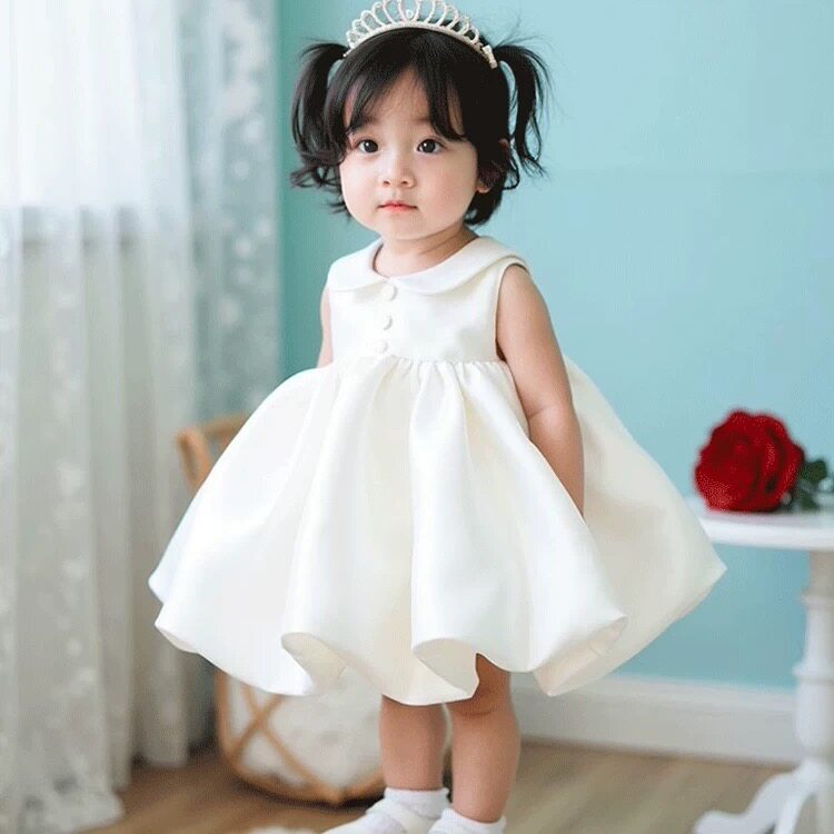 女宝宝周岁抓周礼服2025新款秋装白色花童礼服洋气蓬蓬公主裙子