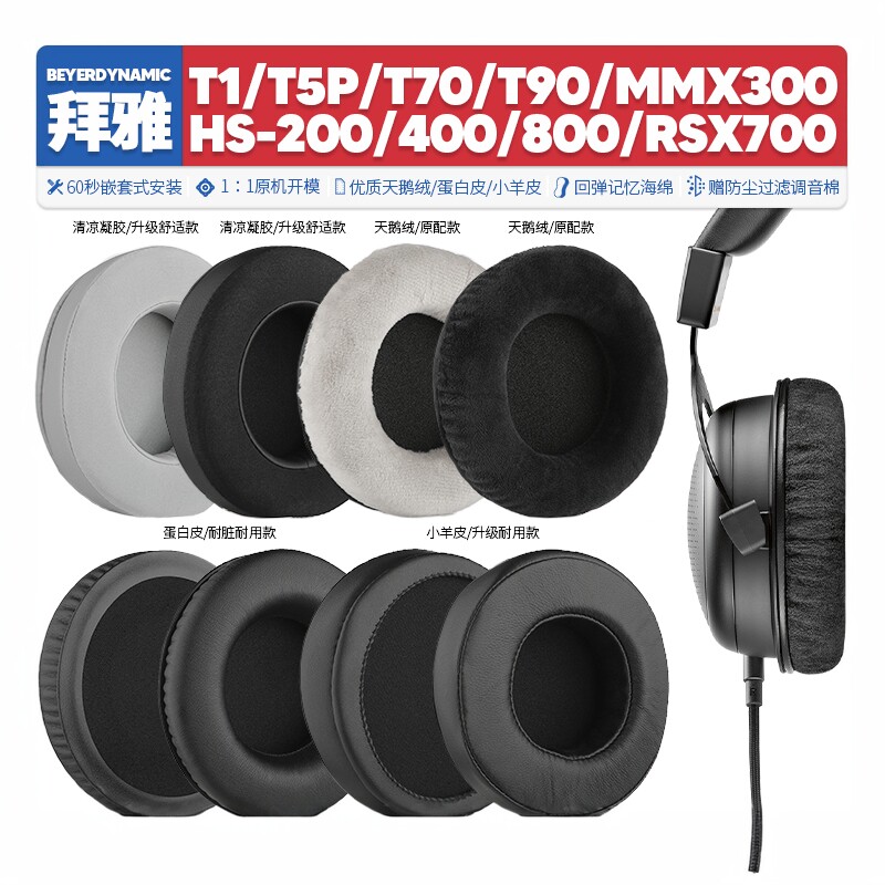 适用拜雅T1 T5P T70 T90 MMX300 HS200 400 800耳机套配件耳罩海