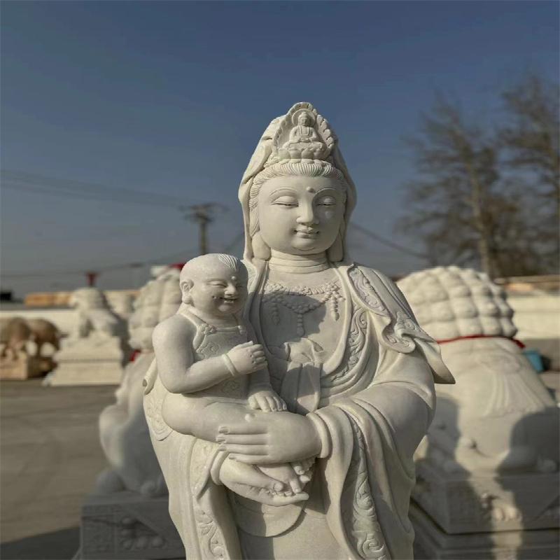 送子观音天然汉白玉石雕 注生娘娘  观世音菩萨 室外寺庙供奉佛像