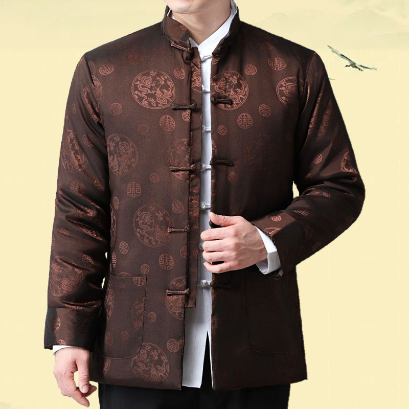 高端小龙唐装男中老年上装棉服中式婚礼服中国民族风绸缎薄棉袄冬