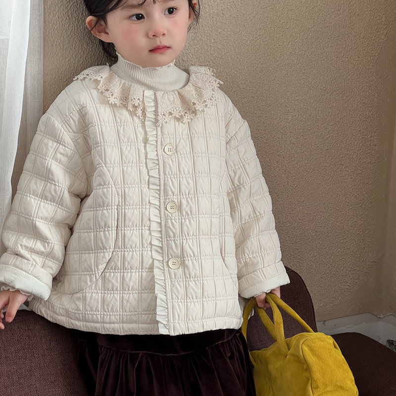 秋冬款童装女童绗棉格纹花边领棉衣儿童洋气甜美夹棉棉服宝宝外套