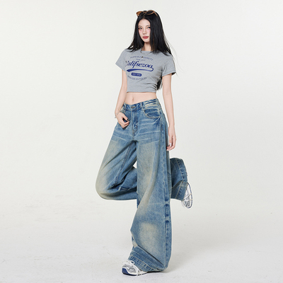 sunoneone ｜重工艺洗水美式怀旧磨黄直筒阔腿裤牛仔裤长裤加长