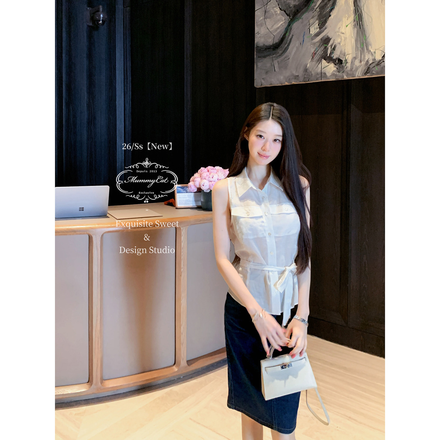 Mummy Cat下蛋喵 26新品100苎麻气质职场通勤收腰绑带无袖衬衫