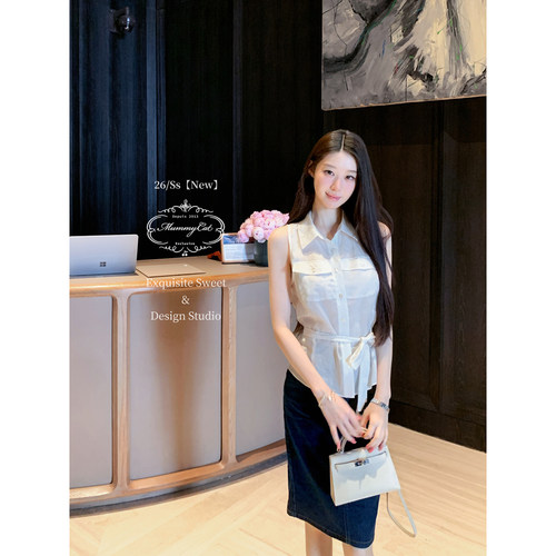 Mummy Cat下蛋喵 26新品100苎麻气质职场通勤收腰绑带无袖衬衫