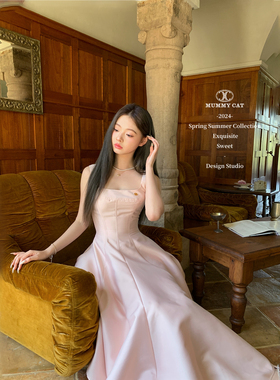 Mummy Cat下蛋喵【戴妃裙】高级仿丝毛鱼骨露背吊带轻礼服连衣裙