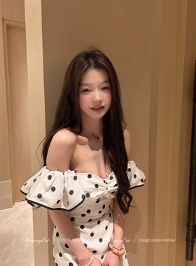 Mummy Cat 下蛋喵【球花】优雅复古黑白波点荷叶边吊带抹胸上衣