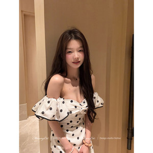 Mummy Cat 下蛋喵【球花】优雅复古黑白波点荷叶边吊带抹胸上衣