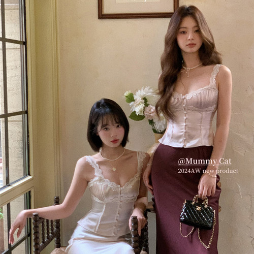 MummyCat下蛋喵【月光珍珠】精致醋酸缎面蕾丝边百褶背心吊带上衣