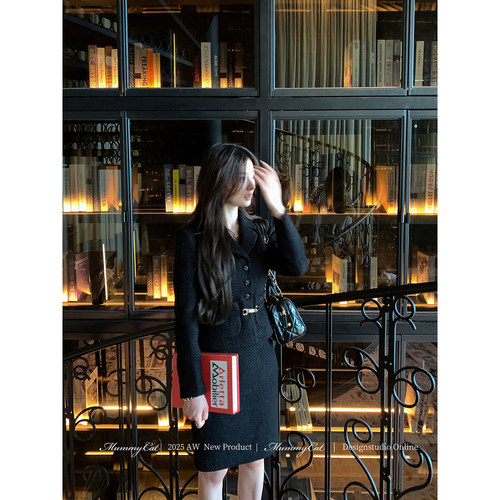 50羊毛黑色通勤小香风外套套装