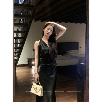 醋酸缎面V领挂脖绑带背心上衣