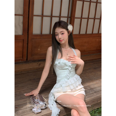 Mummy Cat下蛋喵 【薄荷曼波】纯欲不规则荷叶边系带挂脖上衣