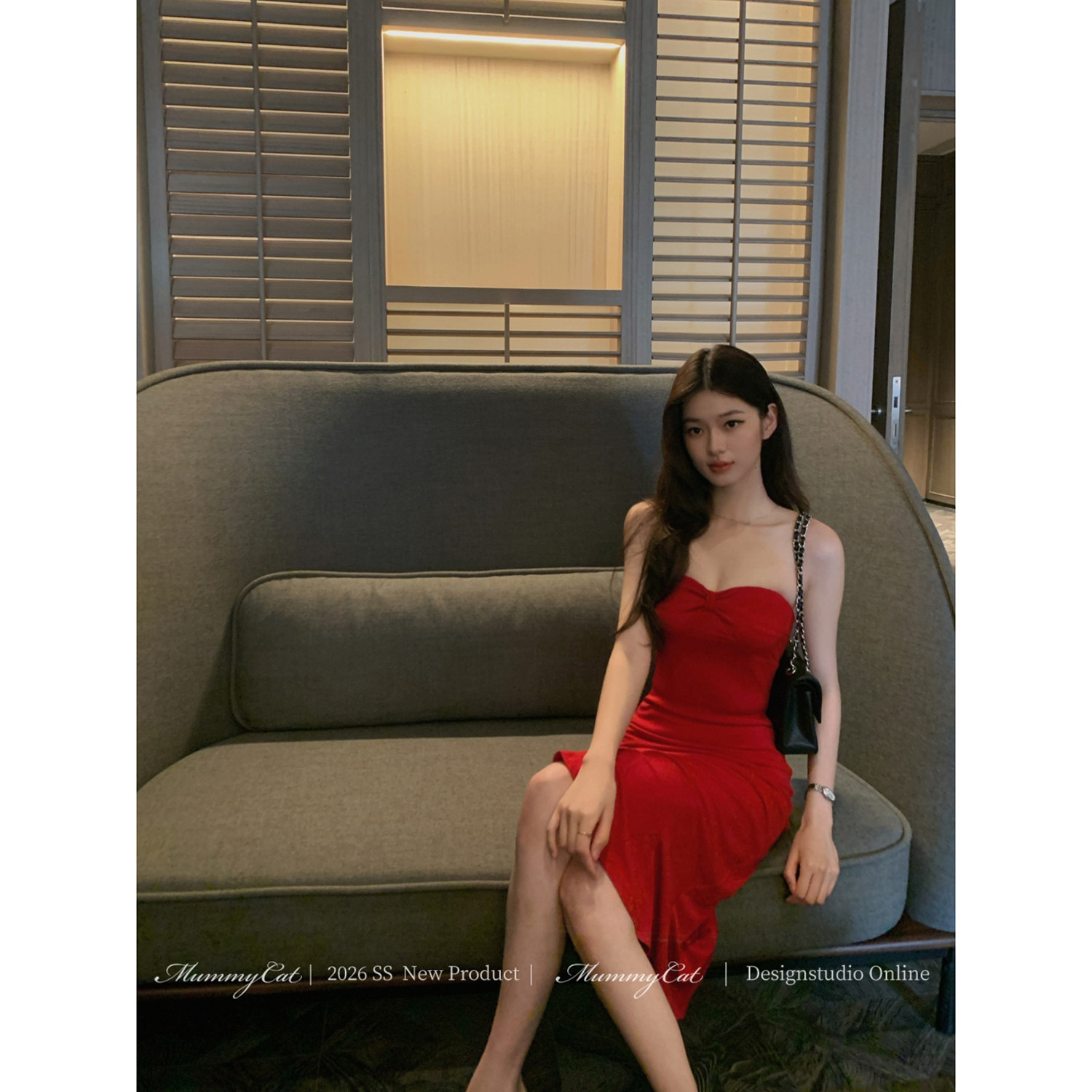 MummyCat下蛋喵【美女编辑】26新品正红色抹胸收腰修身鱼尾连衣裙