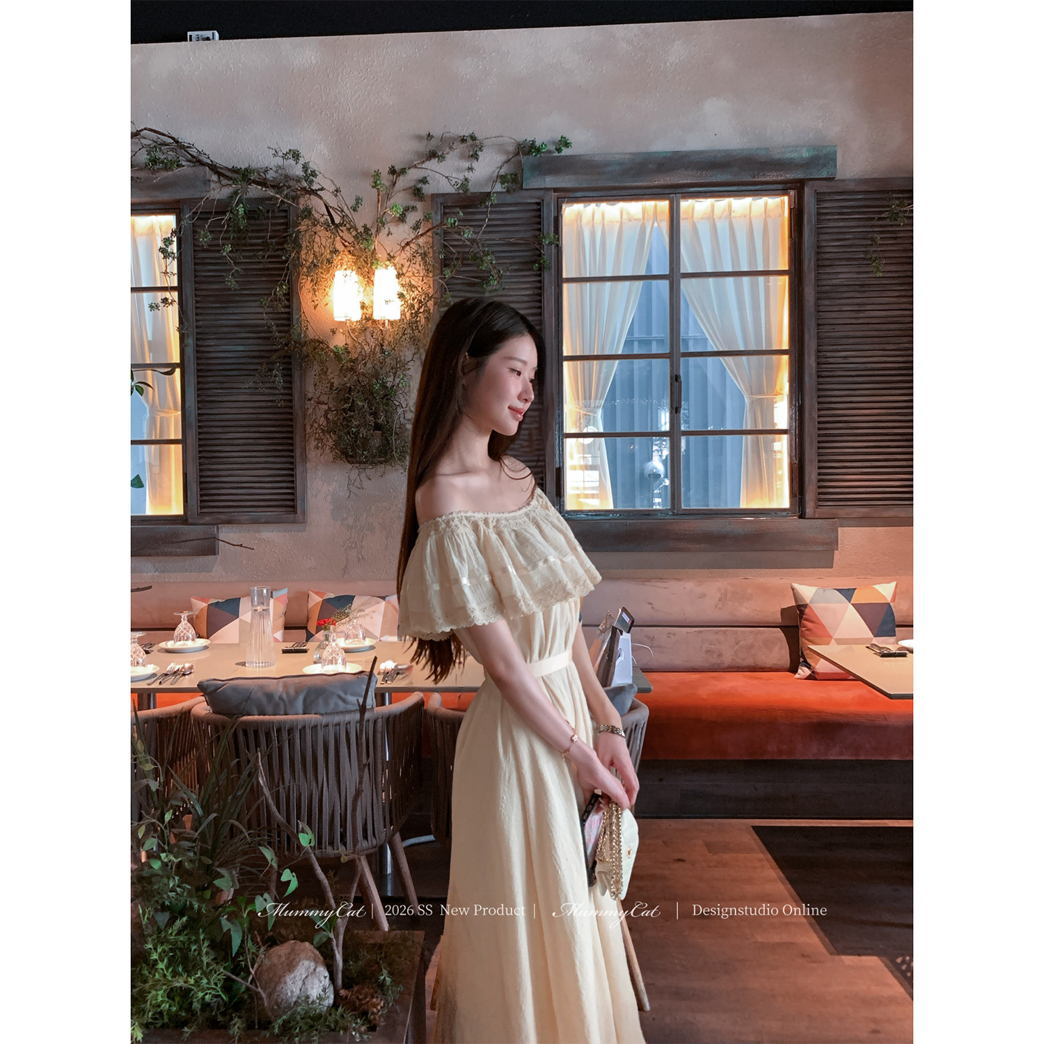 Mummy Cat下蛋喵【恋恋假期】26新品100棉布花边一字肩度假连衣裙
