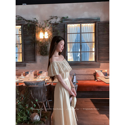 Mummy Cat下蛋喵【恋恋假期】26新品100棉布花边一字肩度假连衣裙
