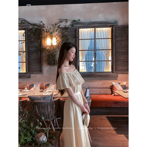 Mummy Cat下蛋喵【恋恋假期】26新品100棉布花边一字肩度假连衣裙