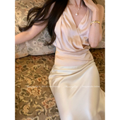 五号香水 Mummy Cat下蛋喵 醋酸缎面V领交叉挂脖绑带背心上衣