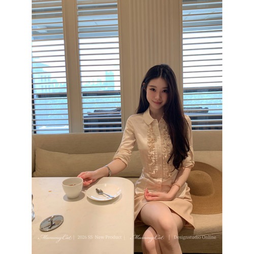 弹力醋酸日系甜美压褶木耳衬衫