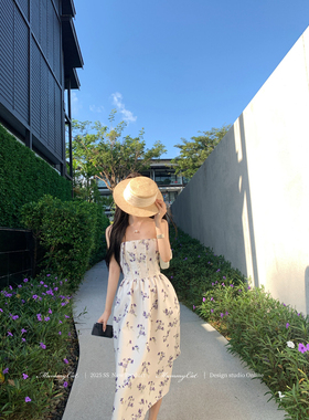 Mummy Cat 下蛋喵【无序的浪漫】紫色碎花鱼骨抹胸度假礼服连衣裙