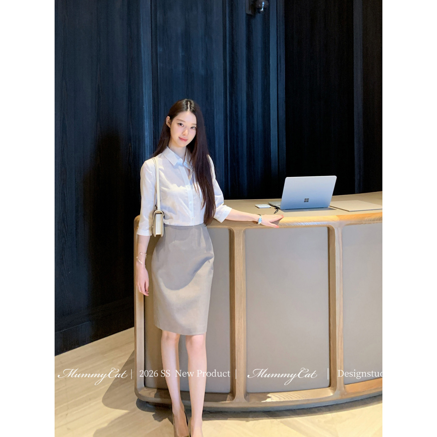 职场通勤椰壳灰修身包臀半身裙
