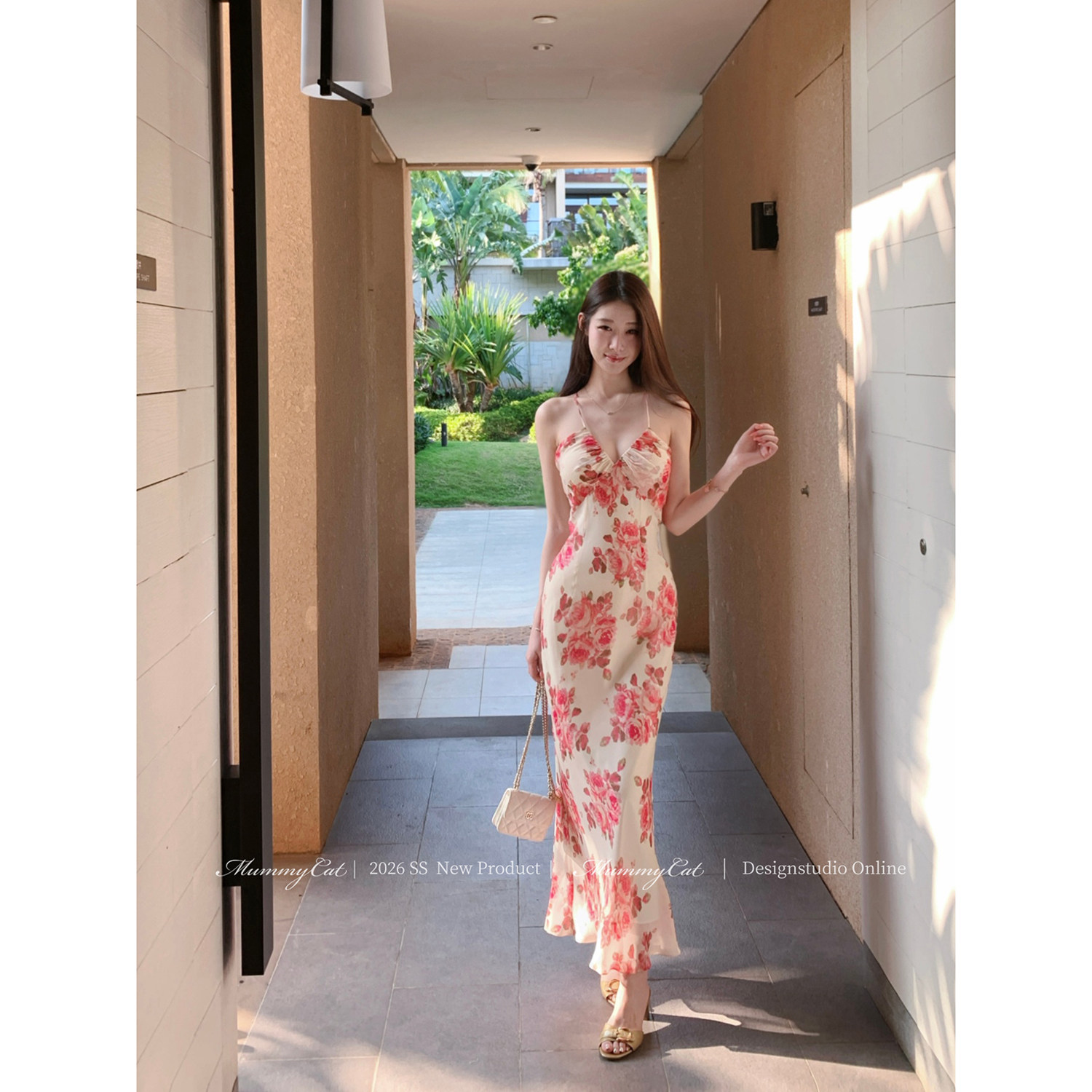 MummyCat下蛋喵【十里桃花】26新品100人丝斜裁印花包臀度假长裙