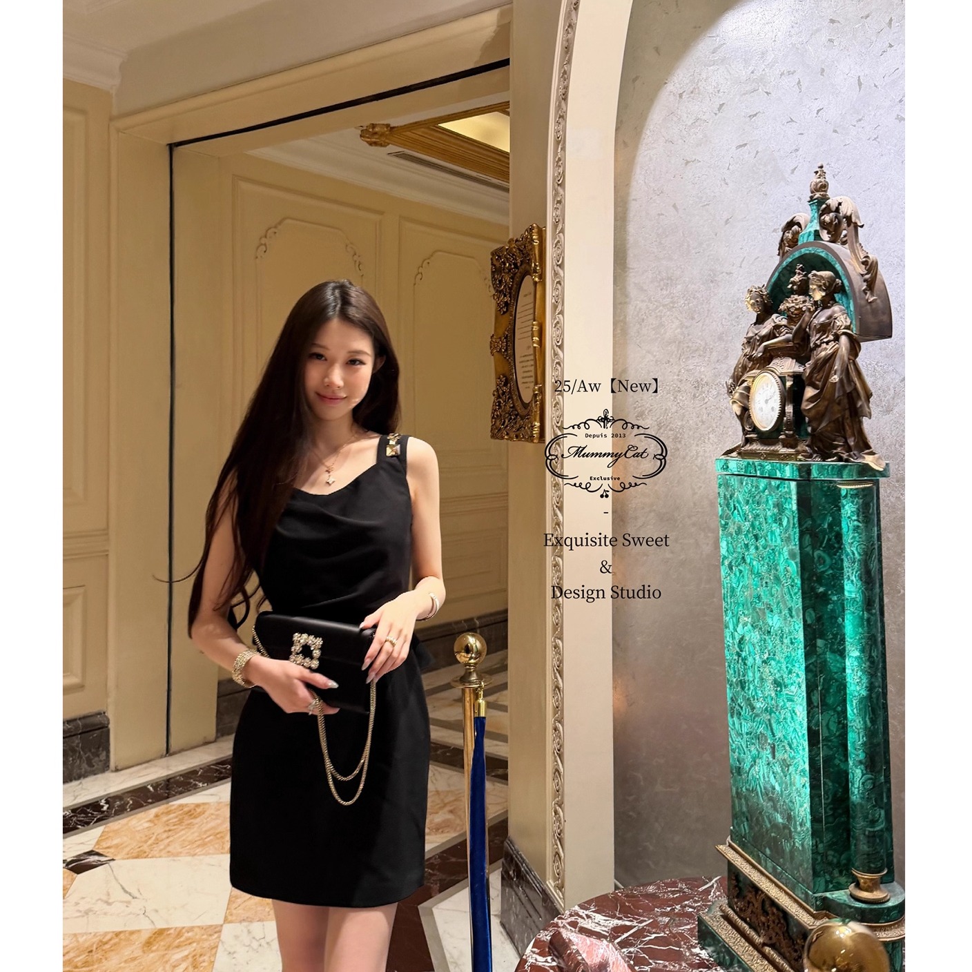 气质荡领带钻黑色无袖连衣裙