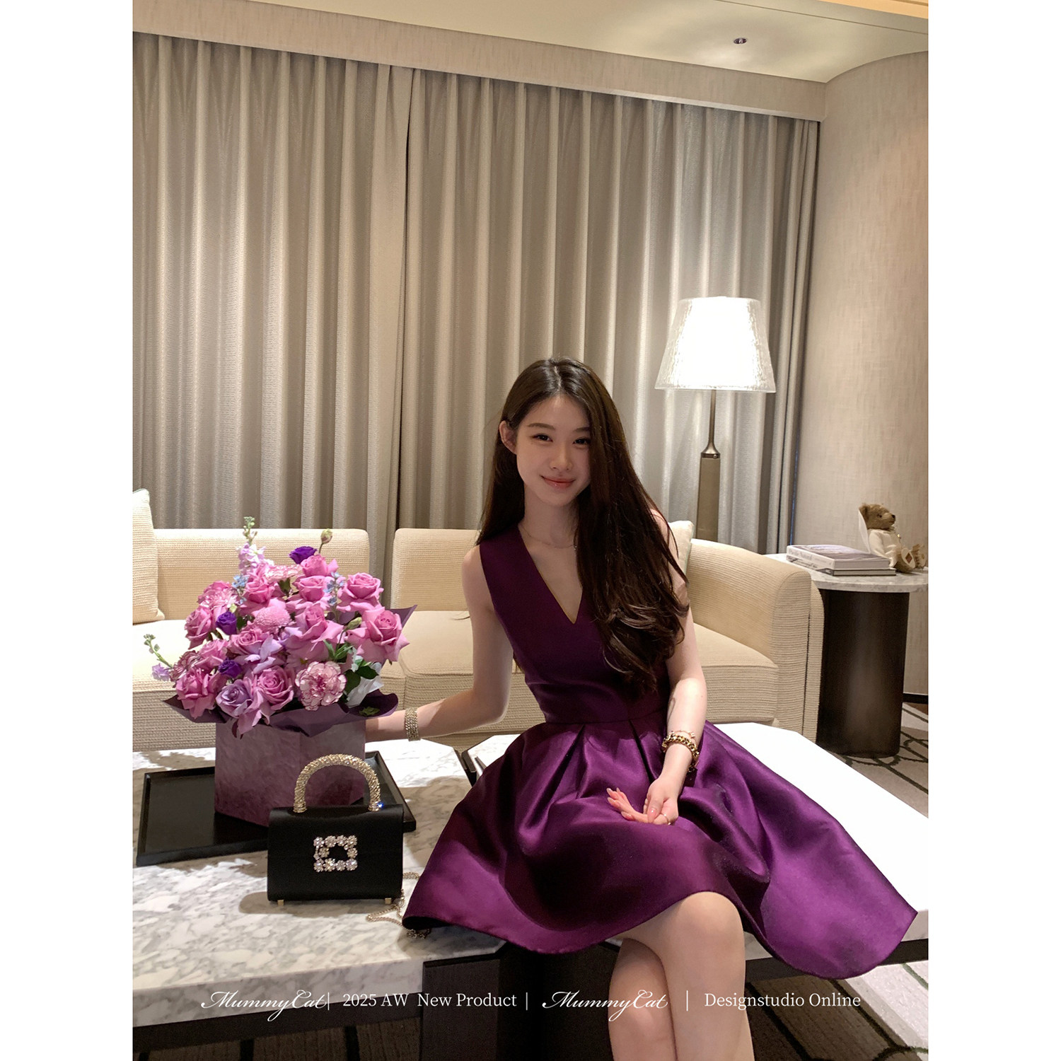 MummyCat下蛋喵【璀璨人生】 新品魅影紫贵气深V领礼服连衣裙