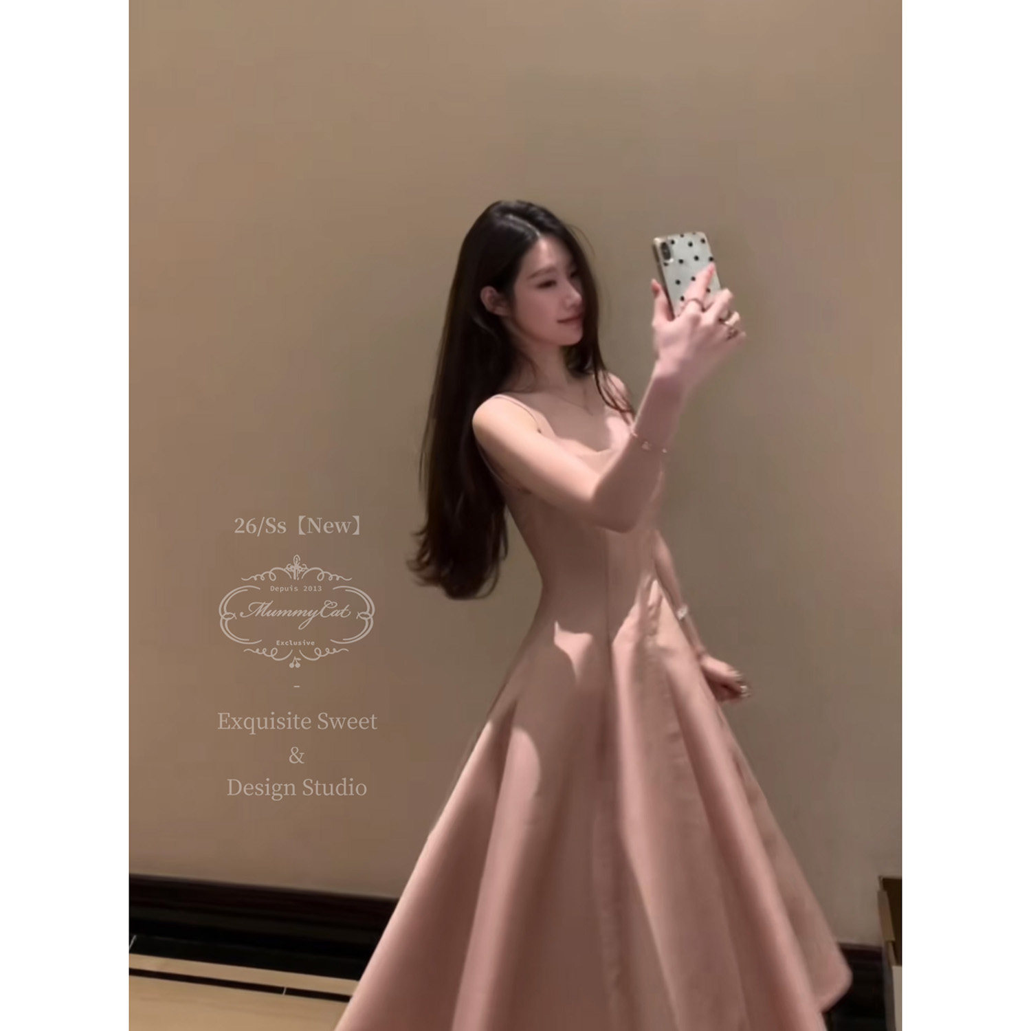 Mummy Cat下蛋喵【戴妃裙】高级仿丝毛鱼骨露背吊带轻礼服连衣裙