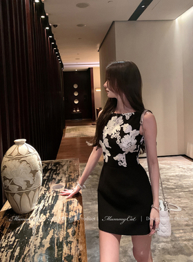 Mummy Cat 下蛋喵【永夜生花】25新品黑色立体盘花绣日礼服连衣裙