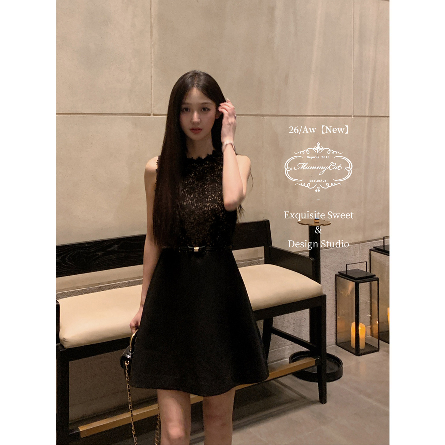 Mummy Cat下蛋喵 【月亮小雏菊】26新品镂空蕾丝黑色礼服连衣裙