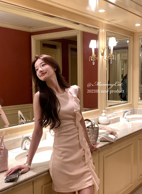 Mummy Cat下蛋喵【通勤半径】荷叶边温柔褶皱无袖背心包臀连衣裙