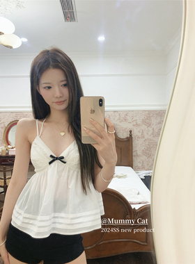 Mummy Cat下蛋喵【慵懒周末】白色棉布刺绣宽松小A摆挂脖吊带上衣