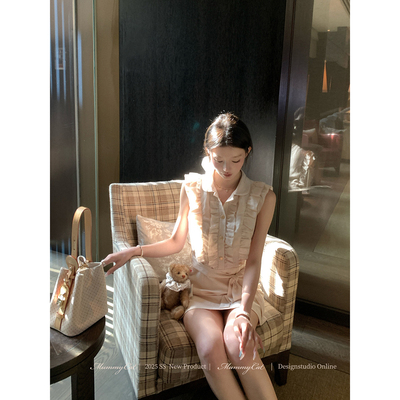 亚麻对丝荷叶无袖绑带连衣裙