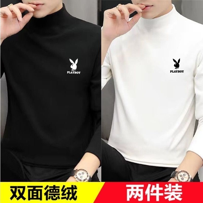 花花公子秋冬季100%半高领长袖t恤男加绒打底衫双面德绒保暖上衣