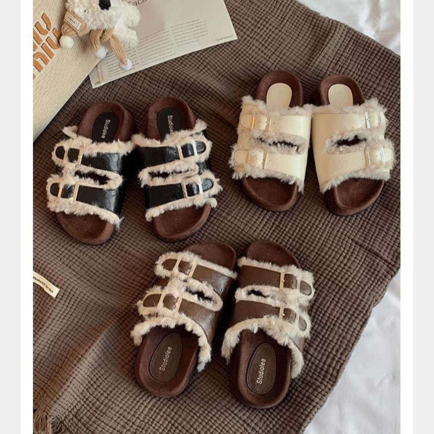 葡萄妈同款 双扣一字带厚底懒人露趾毛毛勃肯真皮拖鞋女秋冬外穿,女鞋,勃肯鞋/软木鞋,淘宝优惠券,粉丝福利购,淘宝优惠卷