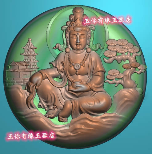 精雕图jdp灰度图bmp浮雕图玉雕圆山水观音 圆牌观音山水正装观音