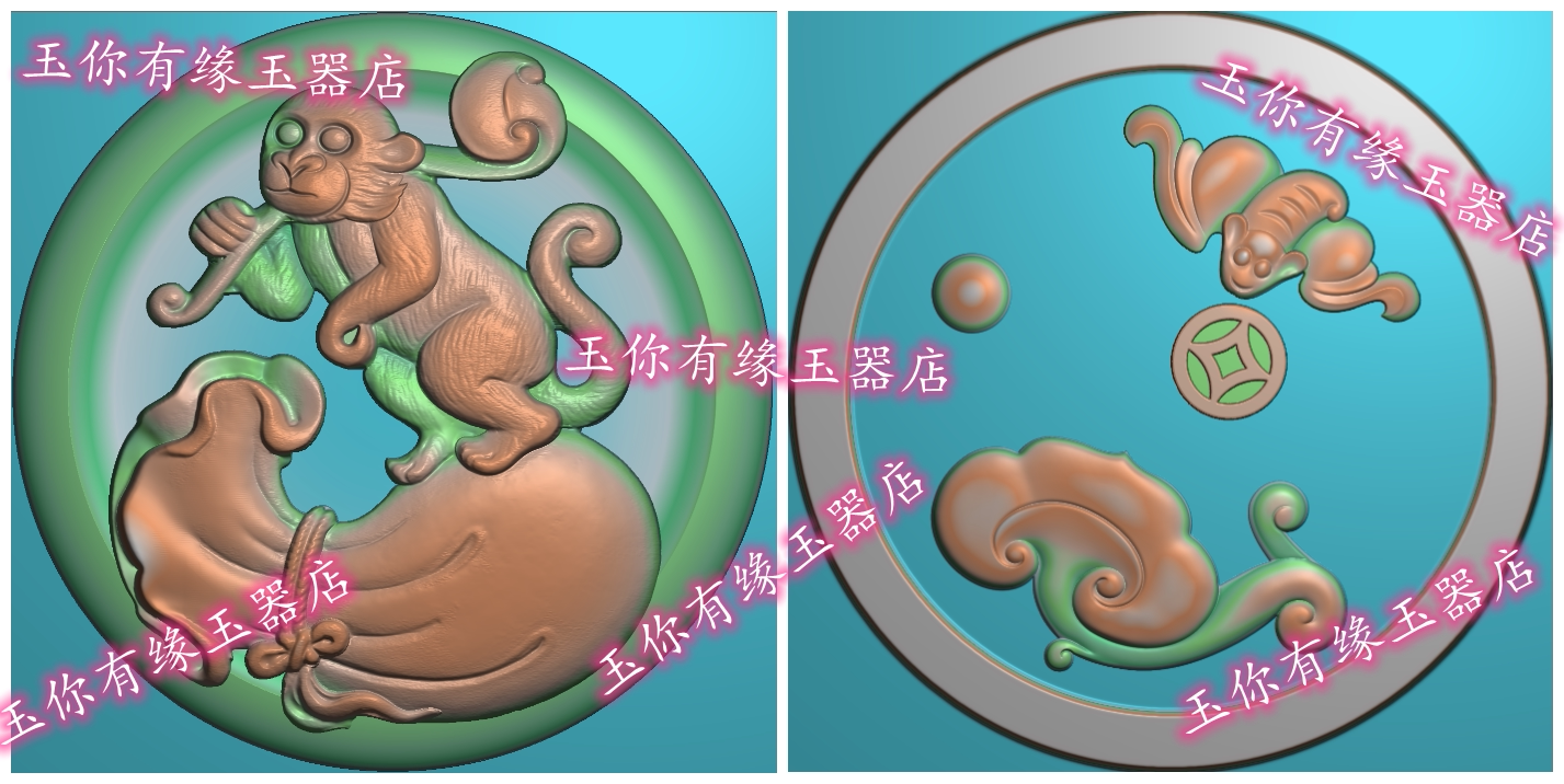 猴牌福袋蝙蝠如意代代封侯石雕刻玉雕精雕图浮雕图jdp灰度图