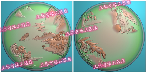 圆牌双面山水马竹子江南水乡高山精雕图jdp灰度图bmp浮雕图玉雕图