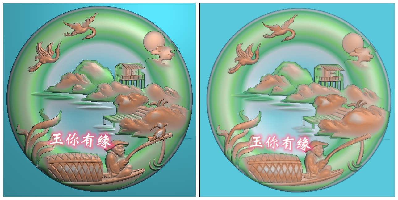 圆牌山水人物钓鱼 江南风景 灰度图BMP浮雕图jdp白玉精雕图