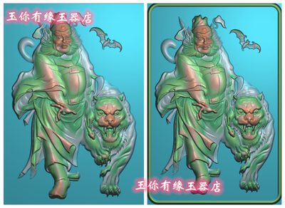 老虎钟馗灰度浮雕精雕图玉木雕电脑雕刻图46牌挂件钟馗老虎